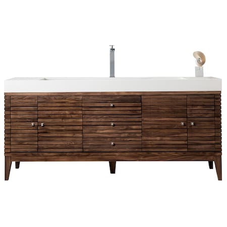 James Martin Vanities Linear 72in Single Vanity, Mid-Century Walnut w/ Glossy White Composite Stone Top 210-V72S-WLT-GW